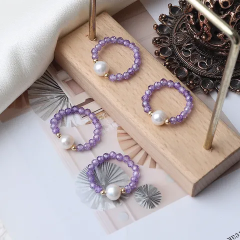 Natürlicher Amethyst Süßwasserperle Elastischer Ring Für Damen Perlen Dehnschmuck 14K Gold Filled Handgefertigter Ring Einheitsgröße