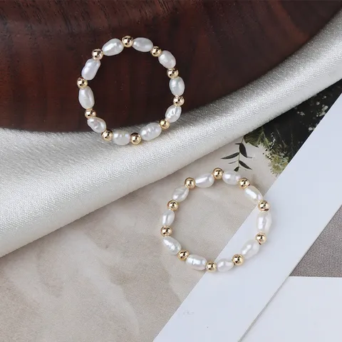 Natürlicher Süßwasserperlen Ring Für Damen 14K Gold Gefüllte Perlen Elastischer Perlen Fingerring Minimalistischer Schmuck