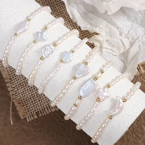 Barock Süßwasserperle Armband Für Damen Handgefertigt Kupfer Elastisch Herz Stern Mond Klee Anhänger Schmuck Geschenk