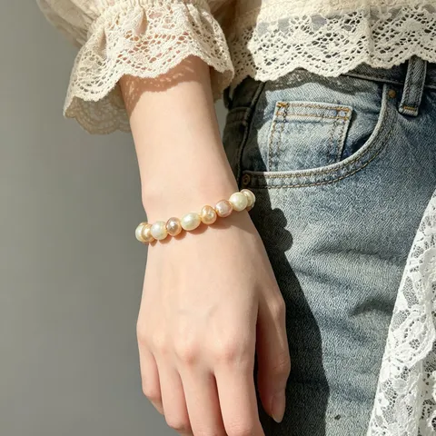 Natürliche Süßwasserperle Barock Armband Unregelmäßige Rosa Weiße Perle Elastische Schnur Handgefertigte Armband Minimalistischer Schmuck Für Damen