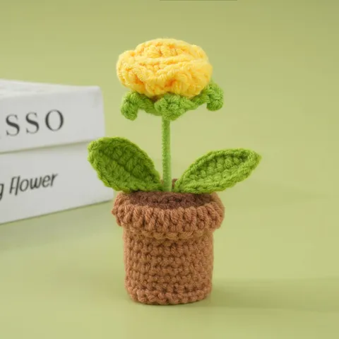 Planta en Maceta de Rosa de Lana Tejida a Mano Flor de Ganchillo Decoración de Escritorio Flores Artificiales en Maceta para Hogar Oficina Adorno de Mesa Regalo
