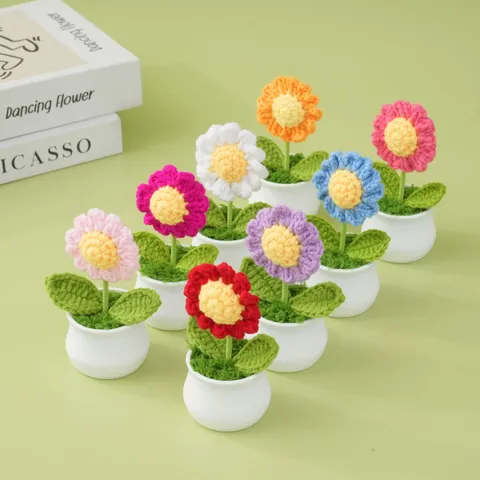 Handmade Knitted Crochet Daisy Potted Plant Finished Product Home Decor Desktop Ornament Gift