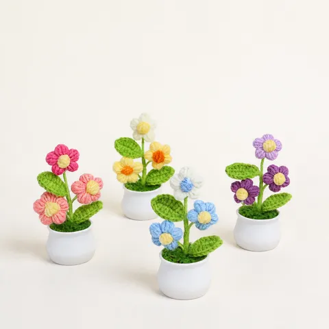 Plante en Pot de Fleur Simulée Tricotée Fait Main Fleur en Laine Ornement de Bureau Miniature Plante Verte Style Nordique