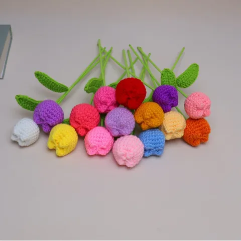 Handmade Crochet Knitted Wool Artificial Tulip Flower Nordic Style Home Decor Desktop Ornament Floral Gift