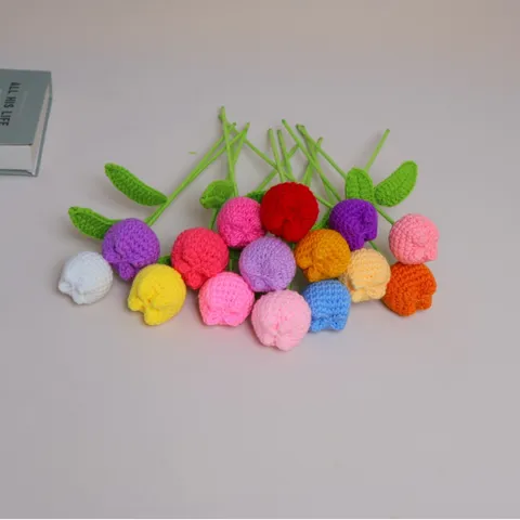 Handmade Crochet Knitted Wool Artificial Tulip Flower Nordic Style Home Decor Desktop Ornament Floral Gift