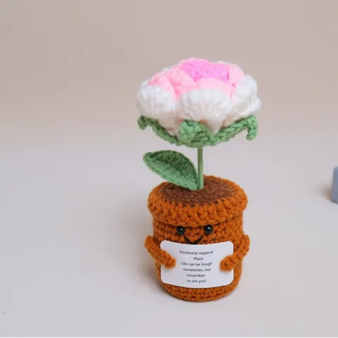 Fleur en Pot en Laine Crochetée Tricotée à Main Plante de Simulation Ornement de Bureau Visage Souriant Mignon Décoration Florale Cadeau Maison