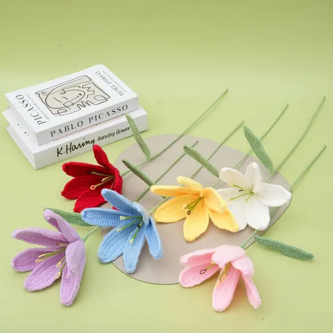 Handmade Knitted Wool Lily Flower Crochet Artificial Flower Bouquet For Mothers Day Gift Home Decor