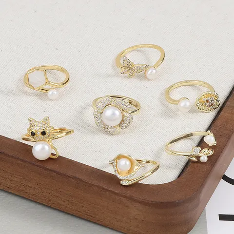 Minimalistischer Kupfer Süßwasserperle Offener Ring Für Damen Verstellbarer Stilvoller Strass Blume Schmetterling Tier Finger Schmuck Geschenk
