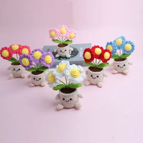 Plante en Pot de Marguerites en Fil Tricoté Fait Main Visage Souriant Mignon Fleur Artificielle Ornement de Bureau Décoration Cadeau
