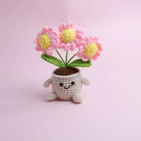 Plante en Pot de Marguerites en Fil Tricoté Fait Main Visage Souriant Mignon Fleur Artificielle Ornement de Bureau Décoration Cadeau