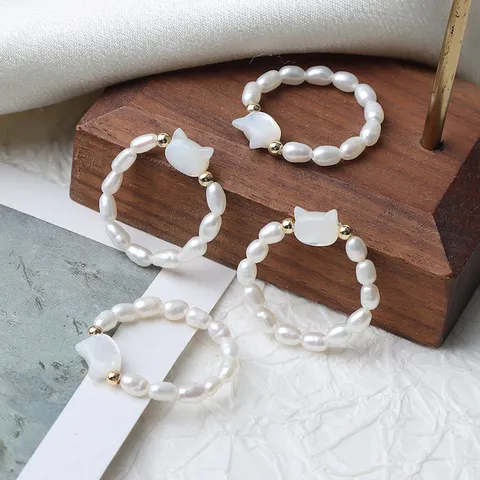 Anello in Perla d'Acqua Dolce Naturale con Gatto in Conchiglia Minimalista Elastico per Donna Ragazza Gioielli Carini Regalo