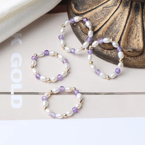 Natürliche Süßwasser Reisperle Amethyst Perlenring Für Damen US 14K Gold Filled Elastischer Stretchring Retro Schmuck Geschenk
