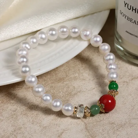 Natürliches Süßwasserperlen Armband Im Chinesischen Stil Mit Rotem Zinnober Kristall Grünen Edelsteinperlen Eleganter Vintage Damenschmuck