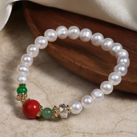 Natürliches Süßwasserperlen Armband Im Chinesischen Stil Mit Rotem Zinnober Kristall Grünen Edelsteinperlen Eleganter Vintage Damenschmuck