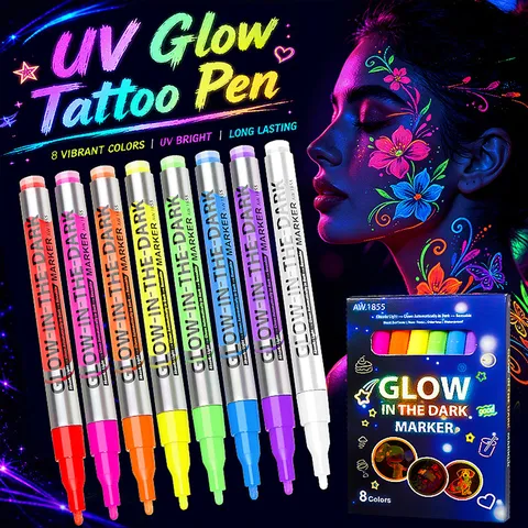 UV Glow Marker Pens Fluorescent Neon Paint Pens Waterproof Glow In The Dark Markers For Face Body Clothes DIY Art Drawing
