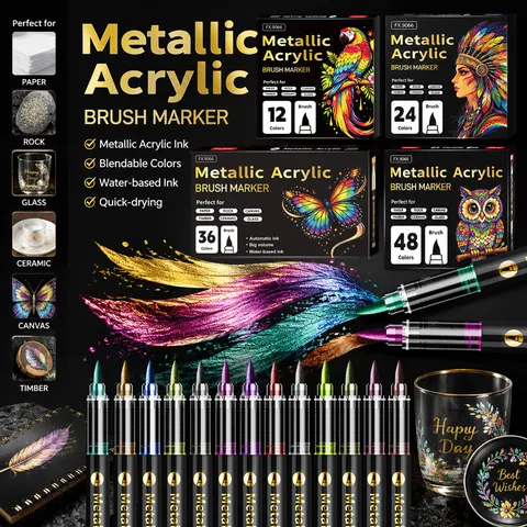 Metallic Acrylic Paint Markers Brush Marker Pens For Rock Painting Glass Ceramic Wood DIY Art Craft Supplies