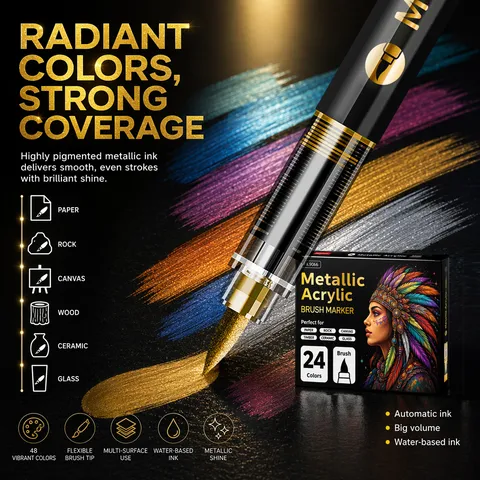 Metallic Acrylic Paint Markers Brush Marker Pens For Rock Painting Glass Ceramic Wood DIY Art Craft Supplies