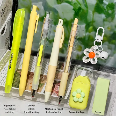 Macaron Color Student Stationery Set Cute Floral Highlighter Correction Tape Gel Pen School Office Supplies Gift