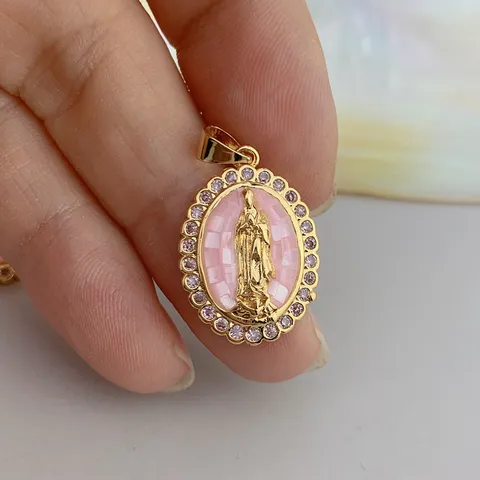 Ciondolo Ovale Vergine Maria Guadalupe per Creazione Gioielli DIY Rame Conchiglia Zirconia Placcato Oro Accessorio Religioso
