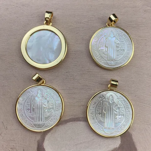 Natural Mother of Pearl St Benedict Medal Pendant For Jewelry Making DIY Round Gold Plated Copper Religious Charm Pendant