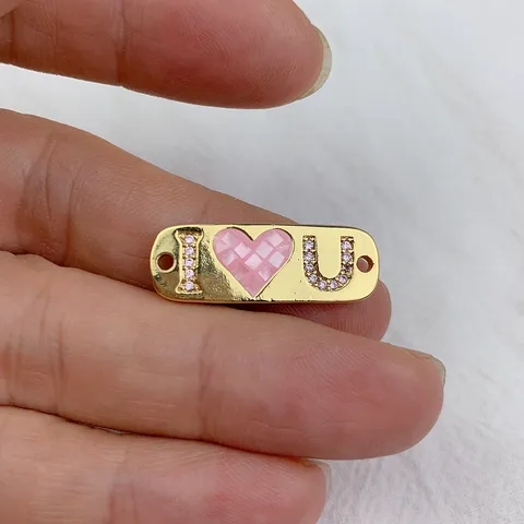 I Heart U Buchstaben Herz Anhänger Gold Vergoldete Legierung Zirkonia Muschel Charm Verbinder Für DIY Halskette Armband Schmuck