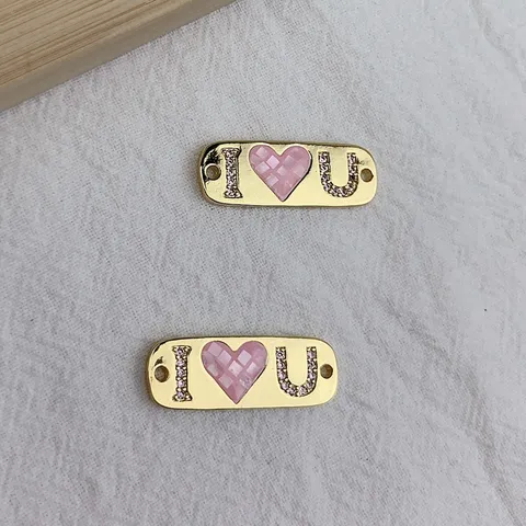 I Heart U Buchstaben Herz Anhänger Gold Vergoldete Legierung Zirkonia Muschel Charm Verbinder Für DIY Halskette Armband Schmuck