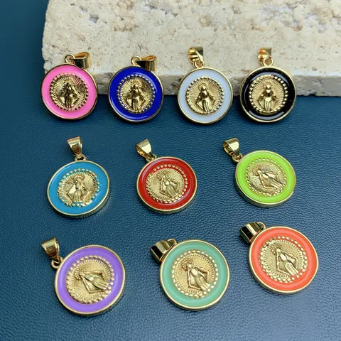Ciondolo Vergine Maria Religioso Retro Rame Placcato Oro 18K Smalto Tondo Charm Per Donne Accessori Creazione Gioielli DIY