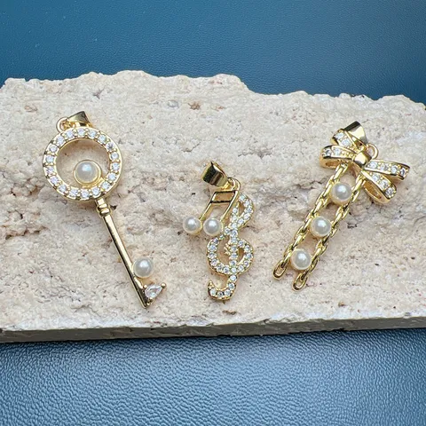 Fashion Copper Zirconia Artificial Pearl Pendant Charms For Jewelry Making DIY Necklace Bow Key Musical Note Findings Gold Plated