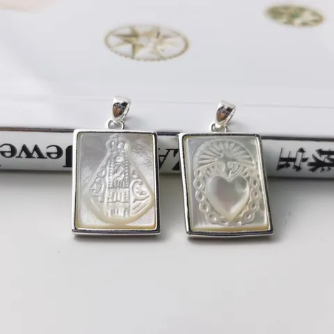 Ciondolo Solo in Argento Sterling 925 e Madreperla Naturale Vergine Maria Sacro Cuore Reliquia Rettangolo Intaglio per Creazione Gioielli Fai da Te