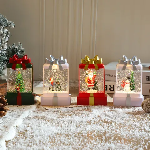 Christmas LED Glowing Water Snowing Gift Box Wind Lantern Ornament Holiday Party Home Decor Children Christmas Gift