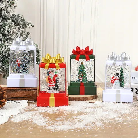 Christmas LED Glowing Water Snowing Gift Box Wind Lantern Ornament Holiday Party Home Decor Children Christmas Gift