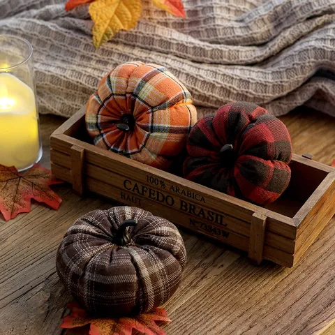 Decorazione Zucca di Halloween Ornamentale Zucca Imbottita in Tessuto Scozzese Raccolto Autunnale Ringraziamento Tavolo