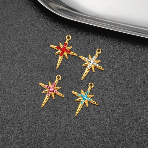 Stainless Steel North Star Charms Electroplated Rhinestone Eight Pointed Star Pendants For DIY Jewelry Making Crafts