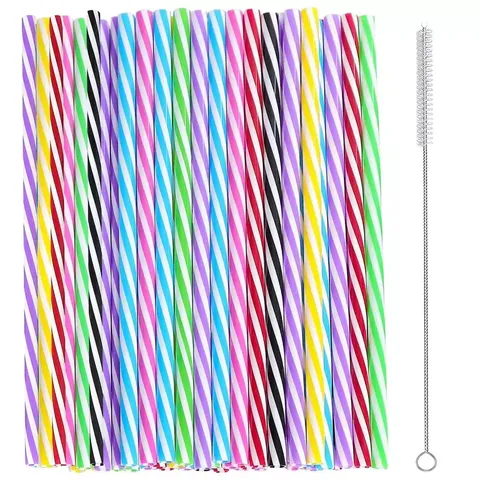 Reusable Plastic Drinking Straws Colorful Striped Straight Drinking Straws With Cleaning Brush Kitchen Party Drinkware