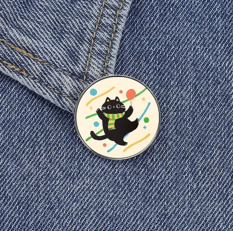 Cute Cartoon Black Cat With Balloon Enamel Brooch Zinc Alloy Round Square Badge Pin For Clothes Backpack Accessories Jewelry Gift