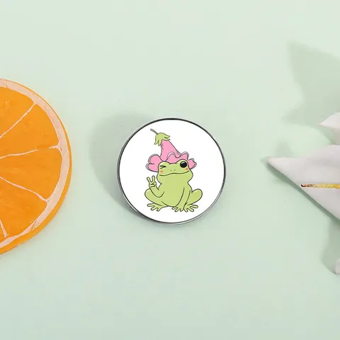 Cute Cartoon Frog Enamel Pin Zinc Alloy Electroplated Floral Witch Hat Lapel Badge For Backpack Clothing Accessory Gift