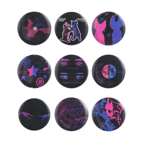 Retro Punk Zinc Alloy Tinplate Round Brooch Pin Pinkish Purple Cat Starry Sky Lyrics Lapel Pin For Clothes Backpack Unisex
