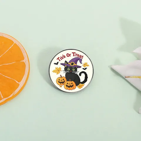 Halloween Cartoon Black Cat Witch Hat Alloy Brooch Pumpkin Bat Maple Leaf Printed Pin Badge Holiday Costume Accessories