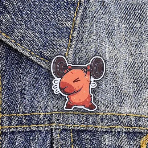 Cartoon Capybara Lifting Barbell Metal Brooch Cute Animal Enamel Pin For Backpack Clothing Decor Fun Alloy Jewelry Gift