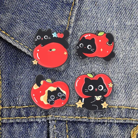 Cute Red Apple Black Cat Alloy Brooch Cartoon Star Kitten Badge For Backpack Clothing Decoration Unisex Fashion Jewelry Pin Gift