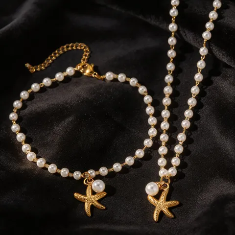 Stainless Steel Starfish Artificial Pearl Necklace Bracelet Earrings Women Beach Vacation Gold Niche Design Summer Jewelry