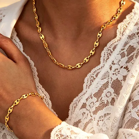 Stainless Steel Coffee Bean Chain Necklace For Women Men Gold Silver Plated Pig Nose Link Chain Elegant Light Luxury Jewelry Accessory Gift