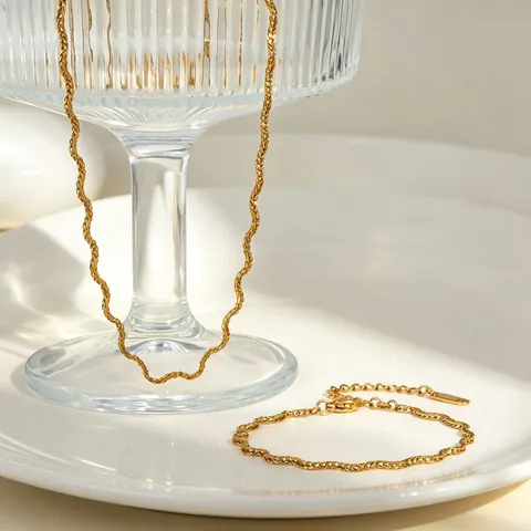 Women Stainless Steel Wavy Line Necklace Bracelet 18K Gold Plated Minimalist Geometric Link Chain Choker Jewelry Accessories