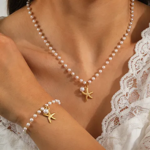 Stainless Steel Starfish Artificial Pearl Necklace Bracelet Earrings Women Beach Vacation Gold Niche Design Summer Jewelry