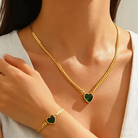 Luxury Stainless Steel Heart Pendant Necklace Rhinestone Gold Plated Snake Chain Bracelet For Women Fashion Jewelry Gift