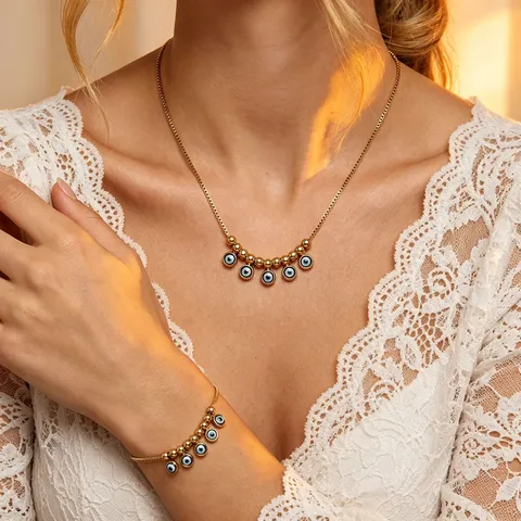 Minimalist Stainless Steel Rhinestone Evil Eye Pendant Necklace Classic Geometric Box Chain Tassel Bracelet Anklet Set For Women Gift