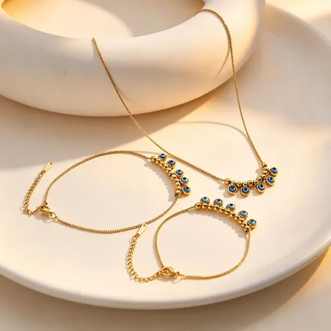 Minimalist Stainless Steel Rhinestone Evil Eye Pendant Necklace Classic Geometric Box Chain Tassel Bracelet Anklet Set For Women Gift