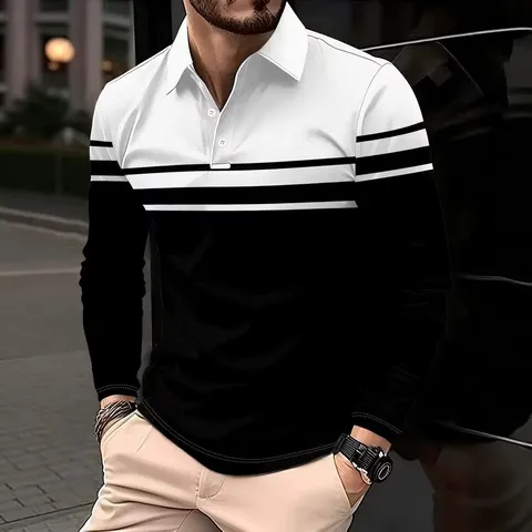 Men's Casual Long Sleeve Polo Shirt Color Block Striped Turn Down Collar Button Polo Tops Spring Fall Fashion Clothing