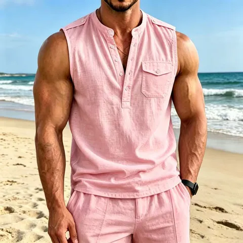 Men Casual Linen Sleeveless Vest Henley Neck Button Pocket Casual Loose Summer Tank Top Fashion Shirt