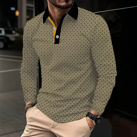 Men's Casual Business Polo Shirt Long Sleeve Geometric Print Lapel Collar Single Breasted Regular Fit Tops